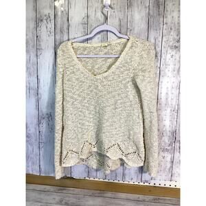 Lightweight Cream Knit V- Neck Top Long sleeve Sweater Cotton size -small